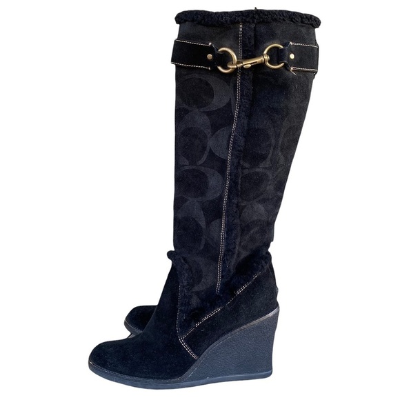 Coach Jonie Black Suede Shearling Tall Wedge Boot Embossed Monogram Size 7.5 GUC - Picture 4 of 11